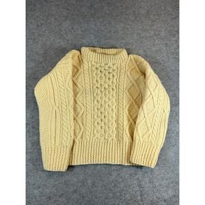 Vintage Aran Style Fisherman Sweater Mens Small Yellow Cable Knit Mock Pullover
